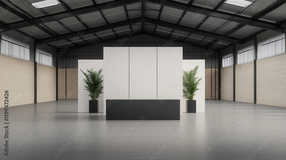 Fototapeta premium Industrial Chic Warehouse Conversion Modern interior with plants and minimalistic design elements.