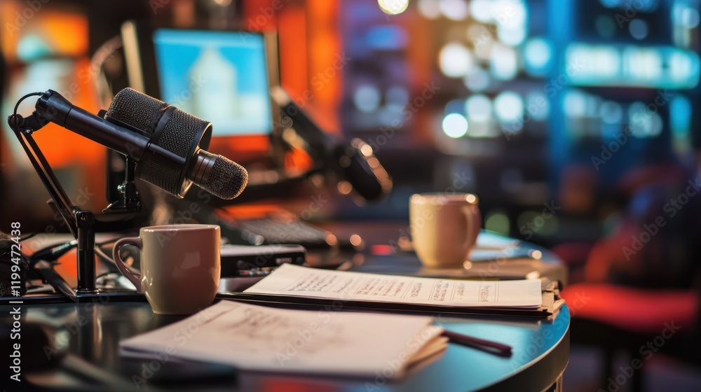 Studio microphones, papers, and coffee cups on a desk. Studio microphones, papers, and coffee cups on a desk.