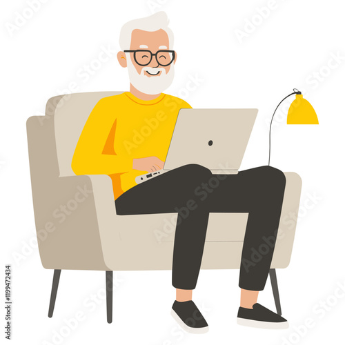 Man using laptop on gray sofa illustration reading senior vector