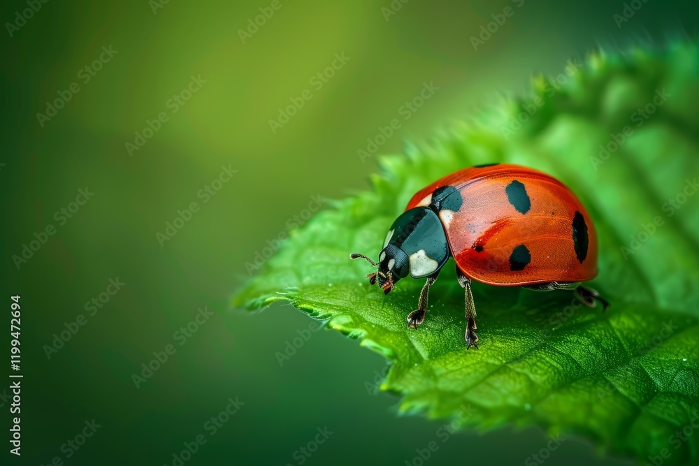 Close up of a ladybug exploring a vibrant green leaf in summer sunlight, capturing the beauty of nature in macro photography Close up of a ladybug exploring a vibrant green leaf in summer sunlight, capturing the beauty of nature in macro photography