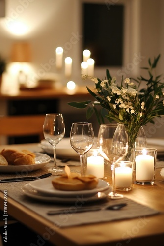 Elegant dinner setting with candles, glasses, and fresh flowers