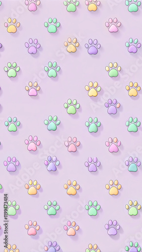 Colorful pastel paw print pattern on light purple background