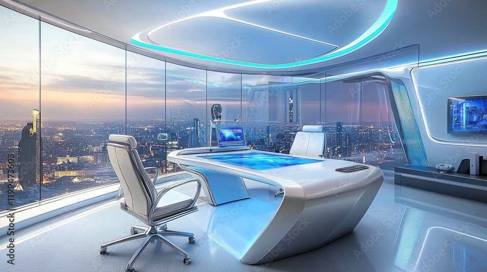 Fototapeta premium Futuristic office with panoramic city view.