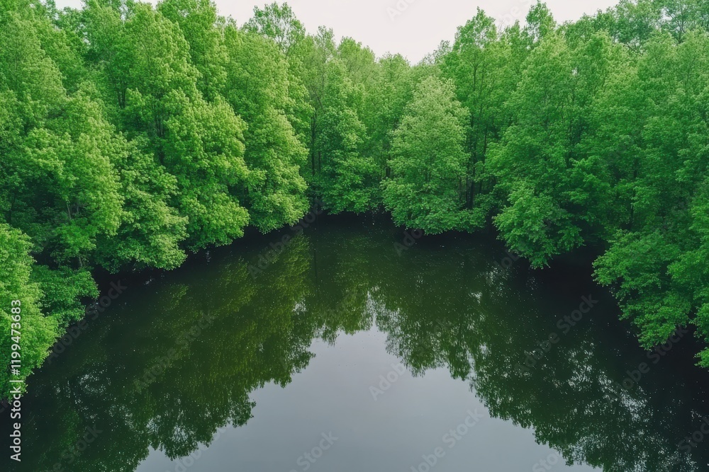 Tranquil pond mirroring lush green trees. Serene nature scene perfect for relaxation and peace. Tranquil pond mirroring lush green trees. Serene nature scene perfect for relaxation and peace.