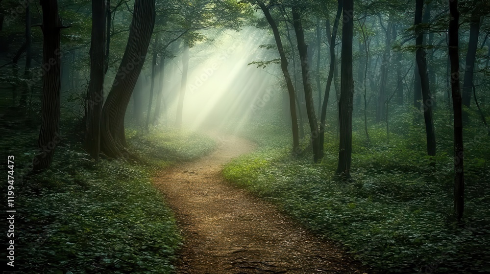 Fototapeta premium A serene forest path illuminated by soft sunlight filtering through trees, creating an enchanting and tranquil atmosphere.