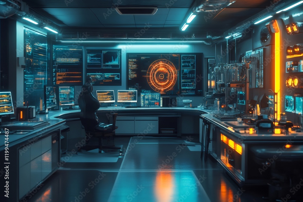 Futuristic cybersecurity control room monitoring global network activity Futuristic cybersecurity control room monitoring global network activity