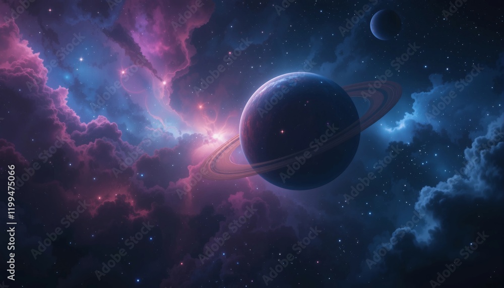 Obraz premium Cosmic Ringed Planet in a Nebula