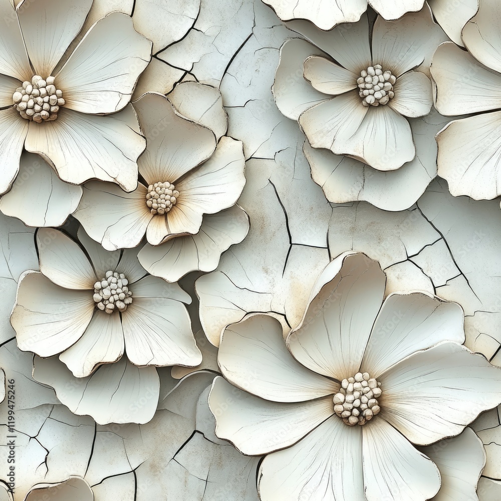 Obraz premium A 3D floral pattern where petals look like layers of aged, cracked porcelain . Seamless abstract 3d pattern background