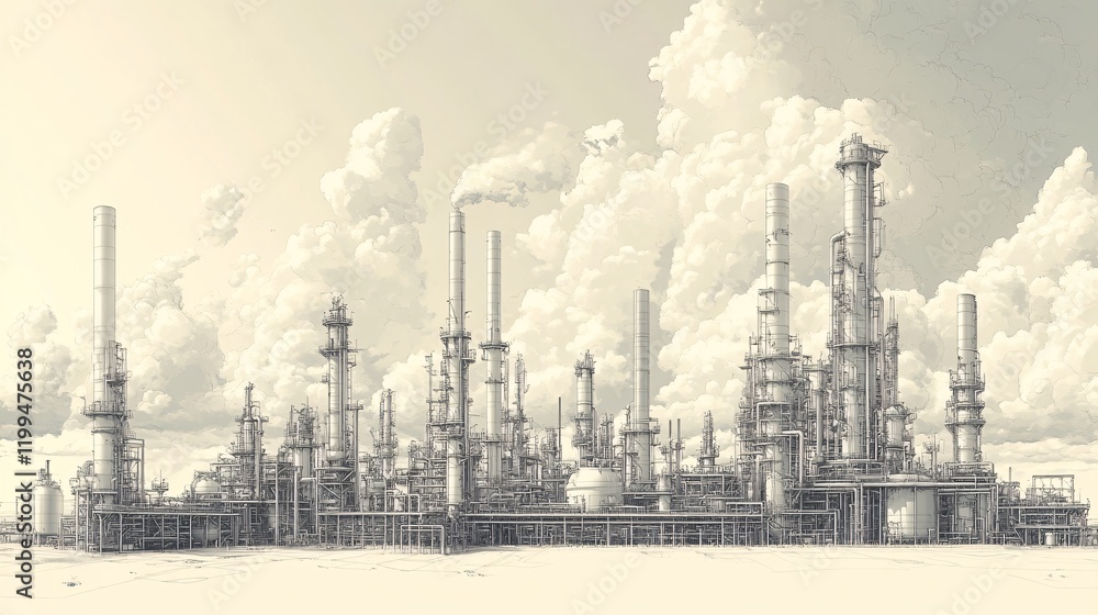 Fototapeta premium Detailed line drawing of an oil refinery plant, pipelines, and machinery, with a separate layer for the sky, emphasizing the oil industry's scale and impact.