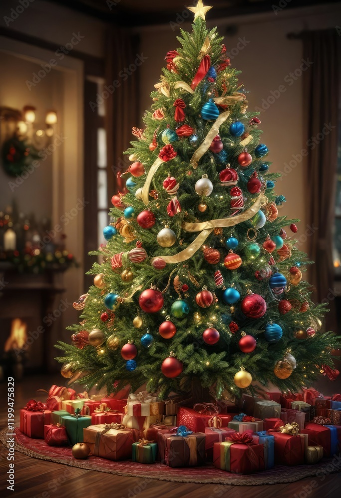 A majestic Christmas tree is adorned with a variety of colorful ornaments and ribbons, festive decor, tree decorations A majestic Christmas tree is adorned with a variety of colorful ornaments and ribbons, festive decor, tree decorations