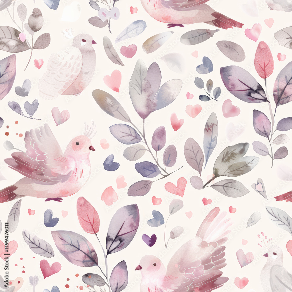 Seamless Doves in soft pastel colors with delicate leaves and hearts Seamless Doves in soft pastel colors with delicate leaves and hearts