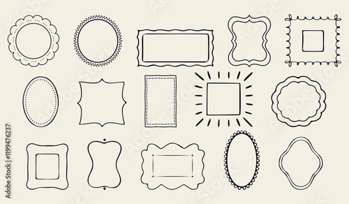 Set of 15 doodle hand drawn decorative frames in black outline. Various shapes with swirls and wavy lines, for design projects, wedding invitations, birthday celebration cards, social media posts.