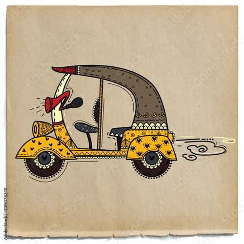 vector illustration of desi retro (Indian) art style colorful auto rickshaw.
