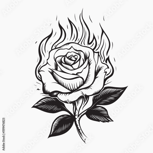 Flaming rose tattoo design, old school tattoo vector