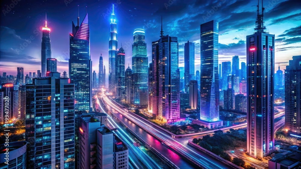 Fototapeta premium A mesmerizing cityscape at night with towering skyscrapers, neon lights, and bustling streets filled with futuristic vehicles, urban, neon, modern, anime city