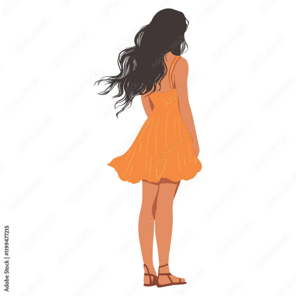 Dark-haired girl dress illustration orange vector Dark-haired girl dress illustration orange vector