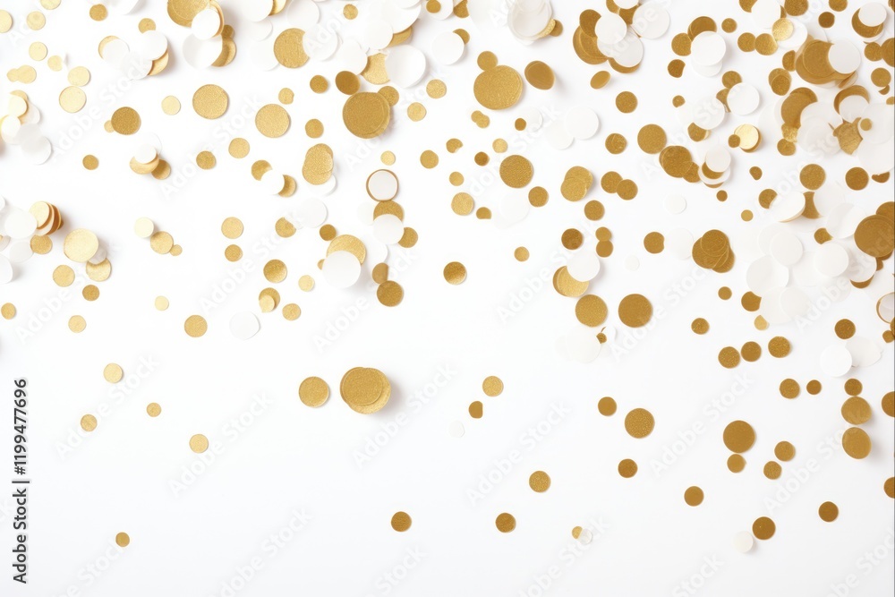 Gold Foil Confetti on White Background for Festive Celebration and Holidays. Abstract Glitter Backdrop for Birthday, Christmas, Carnival Gold Foil Confetti on White Background for Festive Celebration and Holidays. Abstract Glitter Backdrop for Birthday, Christmas, Carnival