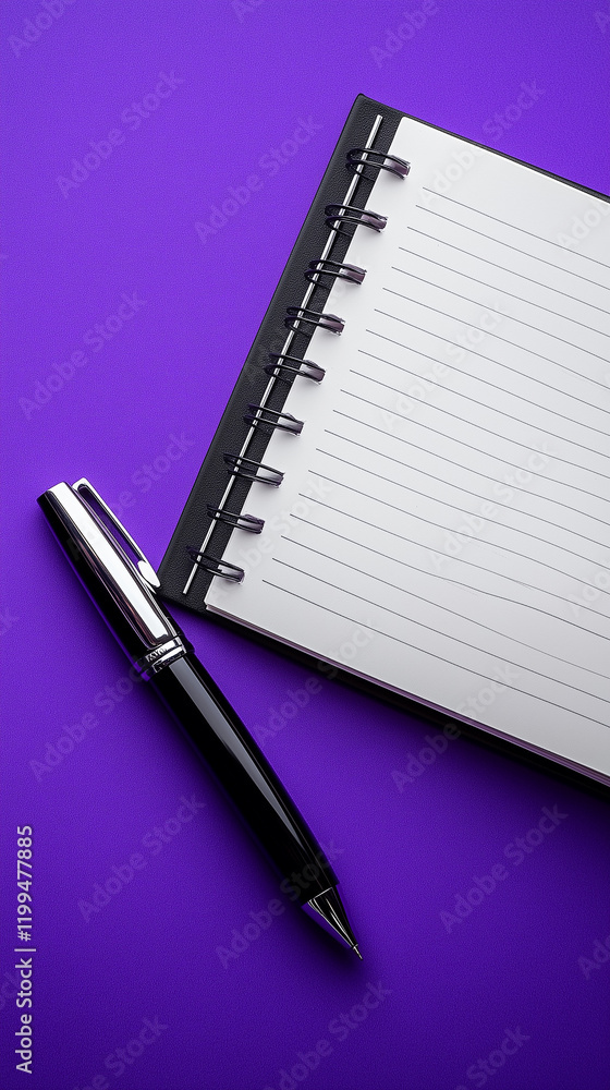 Modern Pen and Notebook on Purple Background Modern Pen and Notebook on Purple Background