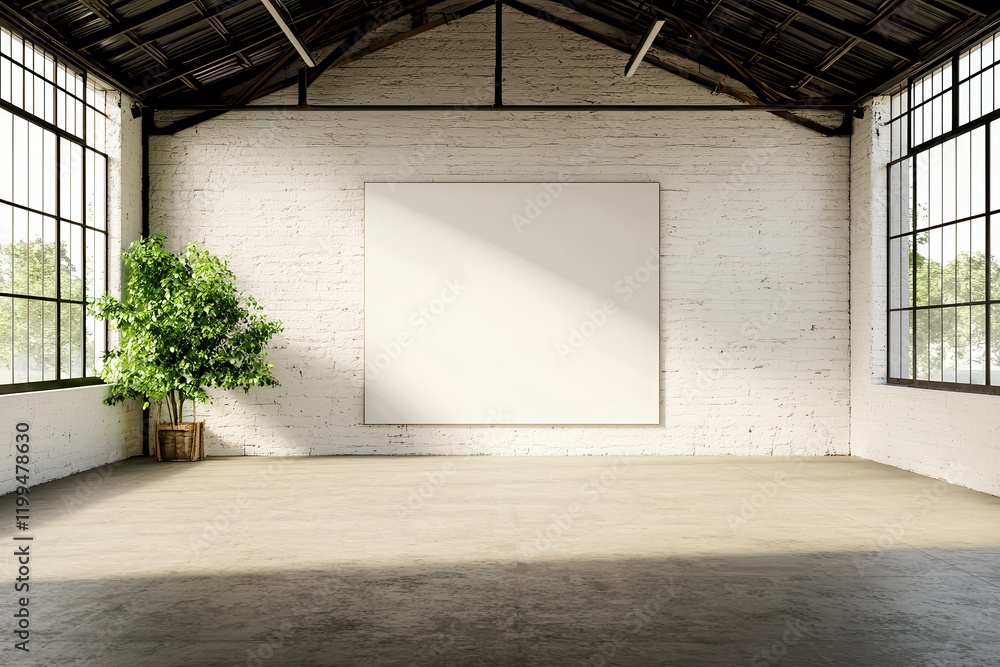 Fototapeta premium Industrial Chic Warehouse Conversion Spacious interior with large windows and blank wall for artwork.