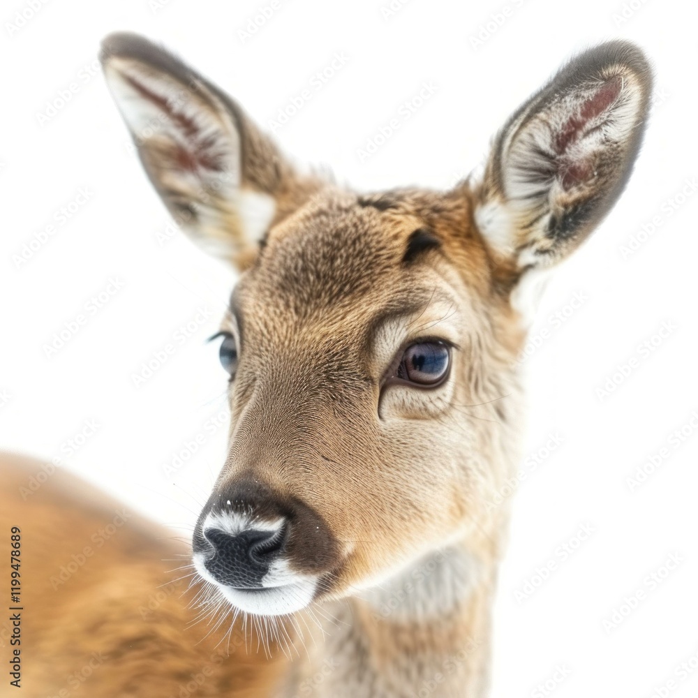Close up of a young deer fawn showing curiosity on a white background Close up of a young deer fawn showing curiosity on a white background