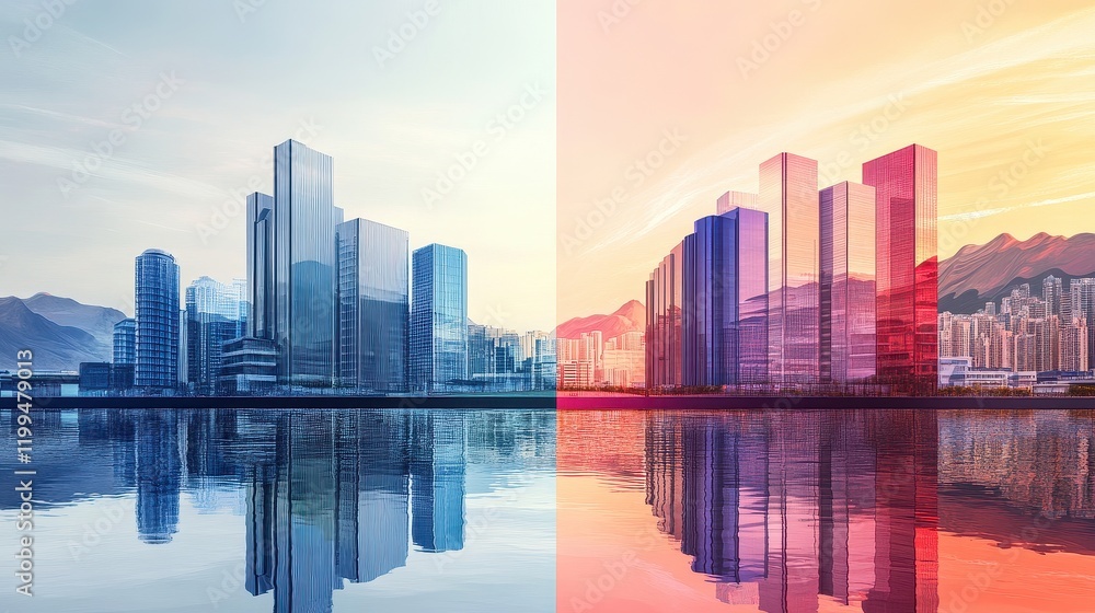 Fototapeta premium Transport infrastructure development flat design front view smart city architecture water color split-complementary color scheme. 