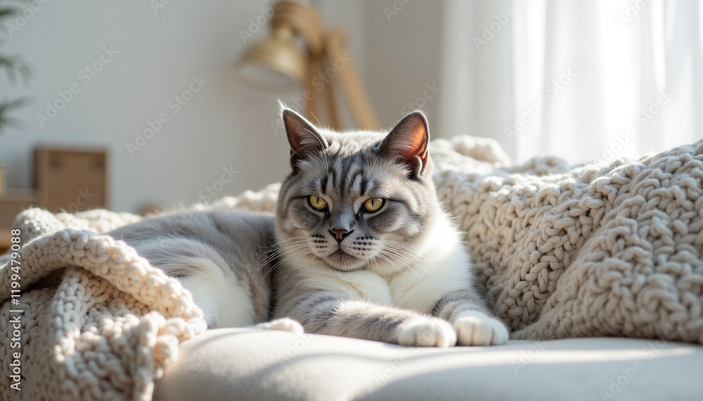 Naklejka premium Relaxed cat lounging on a cozy sofa with knitted blanket