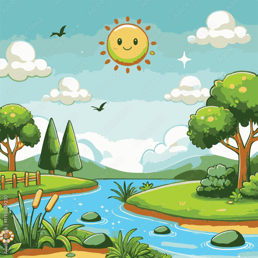 Obraz premium vector illustration cartoon scenery with river, tree, sky in white background 