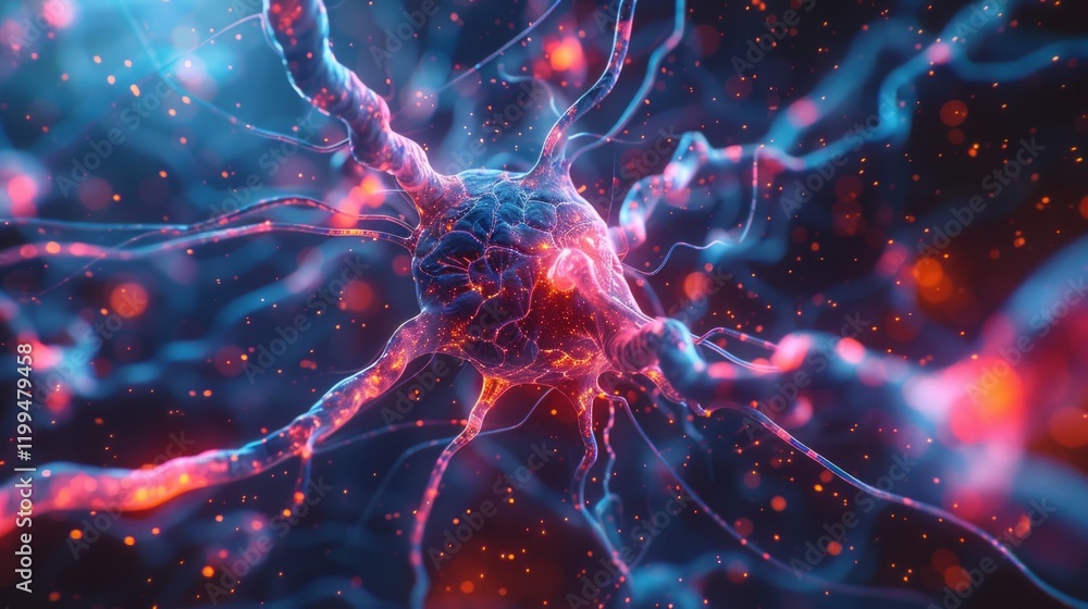 Detailed image of a neuron with synapses, great for biology textbooks, scientific journals and medical illustrations. Detailed image of a neuron with synapses, great for biology textbooks, scientific journals and medical illustrations.