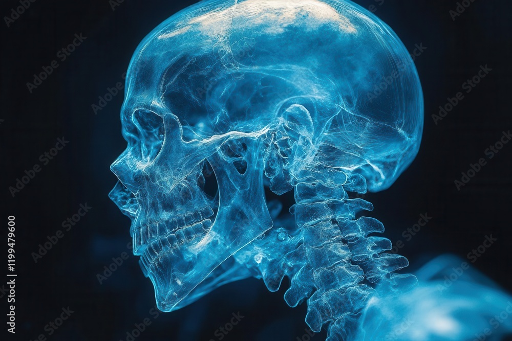 ethereal translucent skeletal system visualization, iridescent blue x-ray effect showing detailed bone structure, floating in darkness with subtle anatomical annotations ethereal translucent skeletal system visualization, iridescent blue x-ray effect showing detailed bone structure, floating in darkness with subtle anatomical annotations