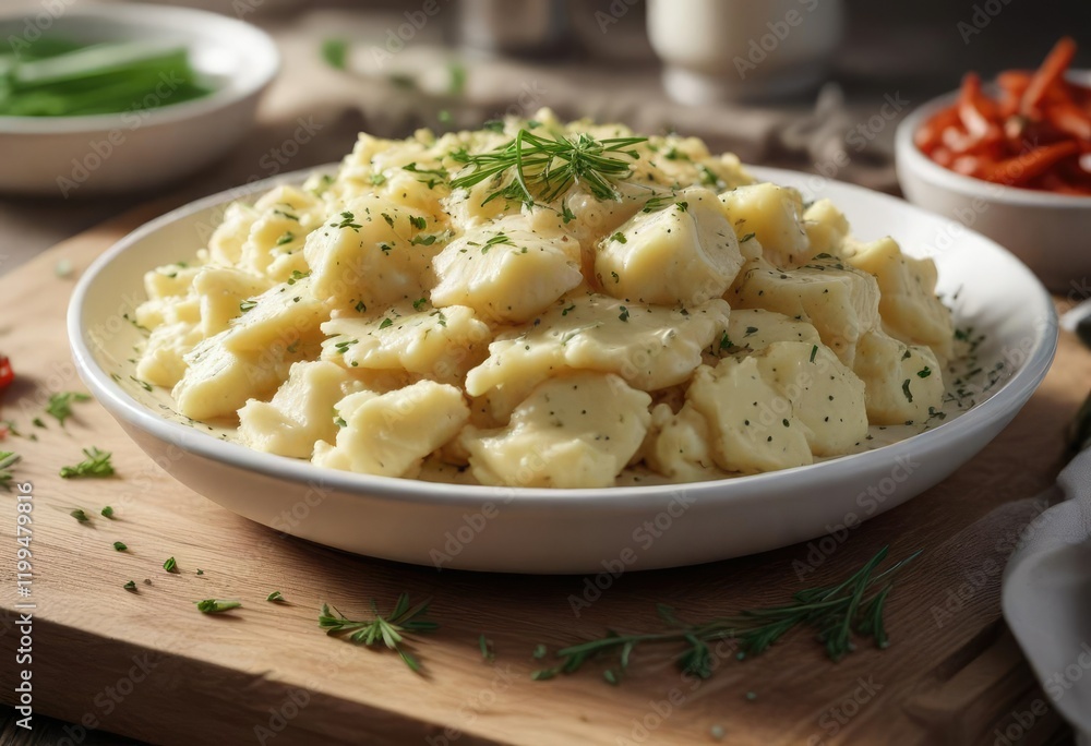 A plate of steaming hot mashed potatoes topped with a sprinkle of paprika and chopped chives, , warm food, hearty meal A plate of steaming hot mashed potatoes topped with a sprinkle of paprika and chopped chives, , warm food, hearty meal