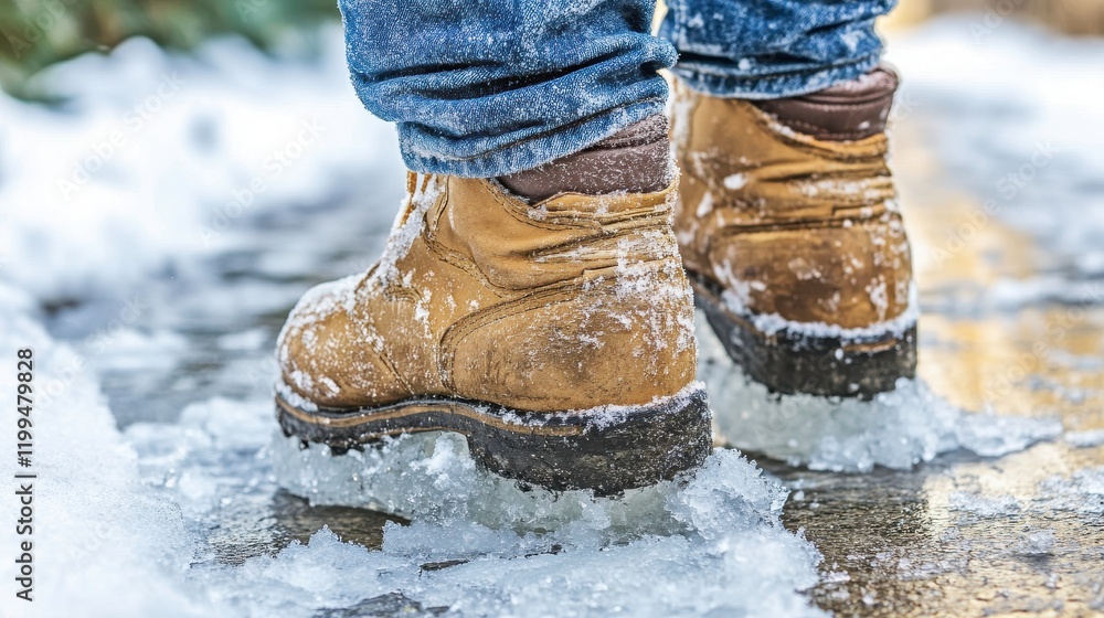 A Close-Up View of Winter Boots Walking on Icy Surface, Highlighting the Details of Frost, Snow, and Textured Soles for Outdoor Adventure Photography A Close-Up View of Winter Boots Walking on Icy Surface, Highlighting the Details of Frost, Snow, and Textured Soles for Outdoor Adventure Photography