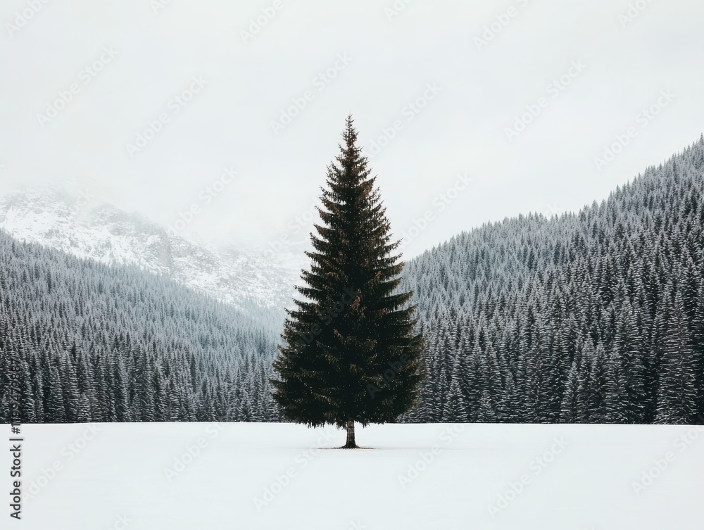 Fototapeta premium A solitary evergreen tree stands tall in a snowy landscape, surrounded by mountains, creating a serene winter scene.