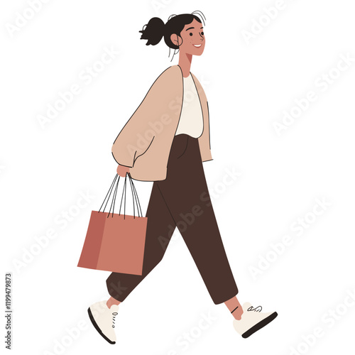 Woman walking holding brown shopping bags illustration character female vector