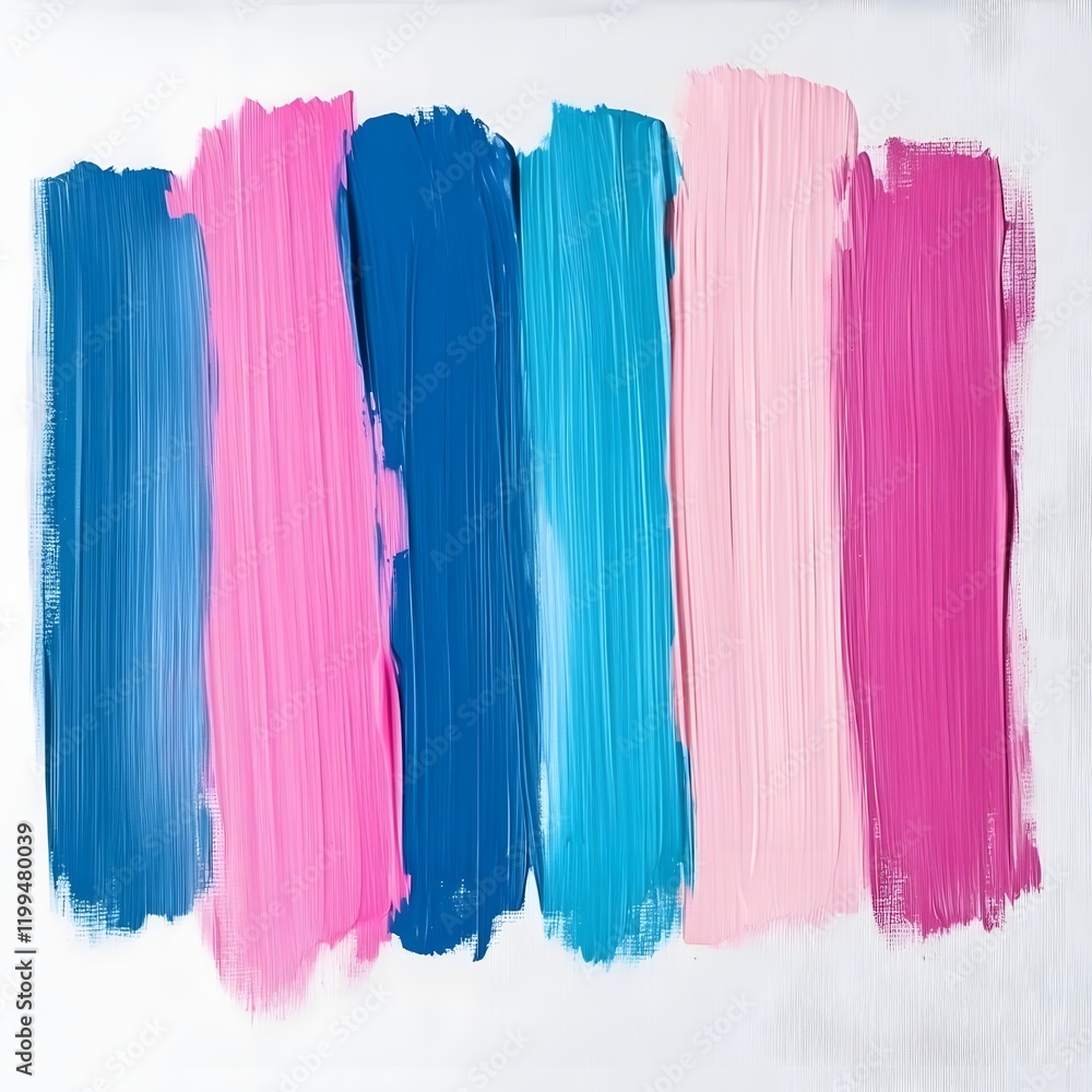 Fototapeta premium A series of vertical paint strokes in various shades of blue and pink on a white background.