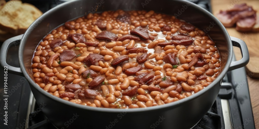 A pot of simmering baked beans with sizzling bacon on the stovetop, hearty stew, savory sauce, cooking beans A pot of simmering baked beans with sizzling bacon on the stovetop, hearty stew, savory sauce, cooking beans