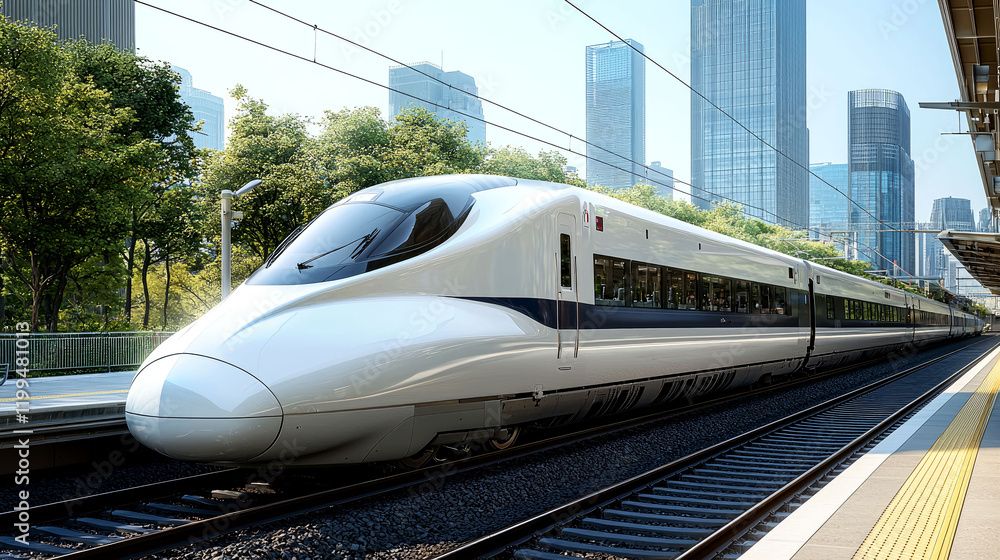 Naklejka premium High-Speed Train in Modern City: Sleek Design, Fast Travel