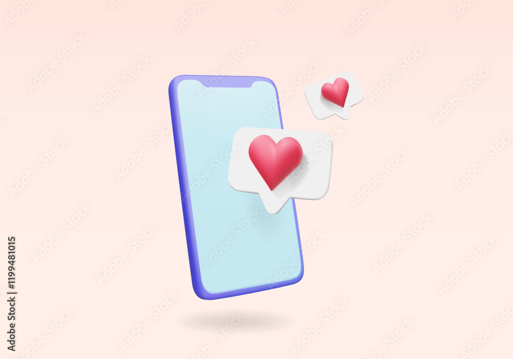 3D vector render illustration of a mobile phone icon with a heart floating out. Communication in the digital age, liking, sending messages on social media simple pastel colors For love, Valentine's 3D vector render illustration of a mobile phone icon with a heart floating out. Communication in the digital age, liking, sending messages on social media simple pastel colors For love, Valentine's