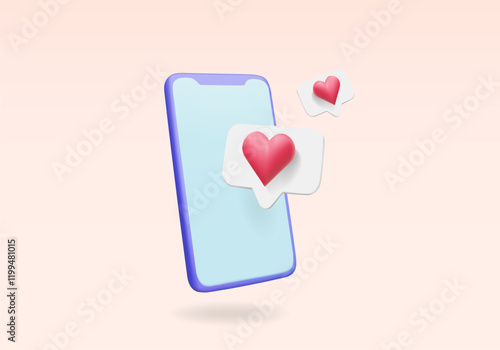 3D vector render illustration of a mobile phone icon with a heart floating out. Communication in the digital age, liking, sending messages on social media  simple pastel colors For love, Valentine's