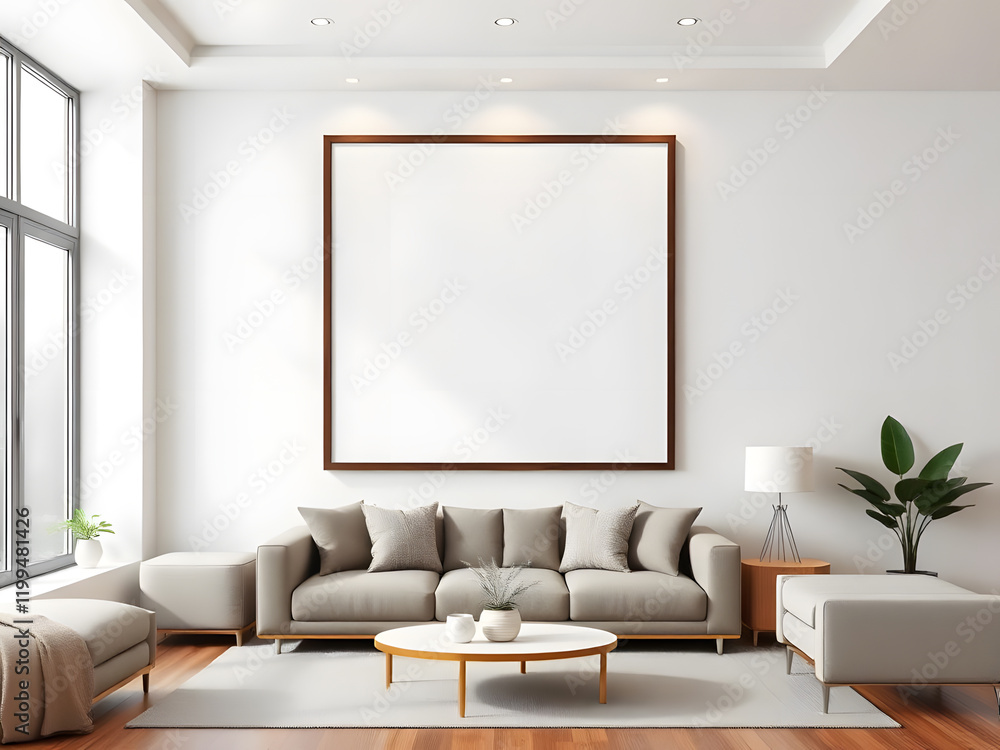 Fototapeta premium Frame mockup, ISO A paper size. Living room wall poster mockup. Interior mockup with house background. Modern interior design. 3D render