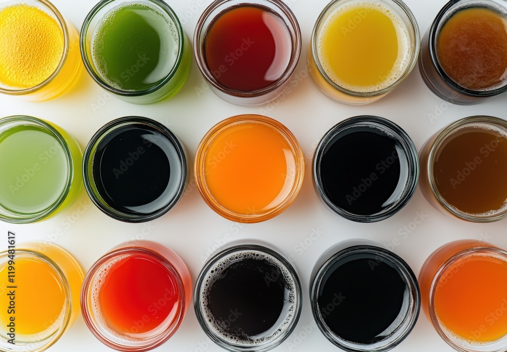 A Colorful Display of Various Drinks in Glass Jars Arranged in an Aesthetic Pattern with Diverse Colors and Textures Against a Clean White Background A Colorful Display of Various Drinks in Glass Jars Arranged in an Aesthetic Pattern with Diverse Colors and Textures Against a Clean White Background
