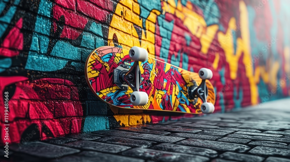 Fototapeta premium Colorful skateboard leaning against a graffiti brick wall.