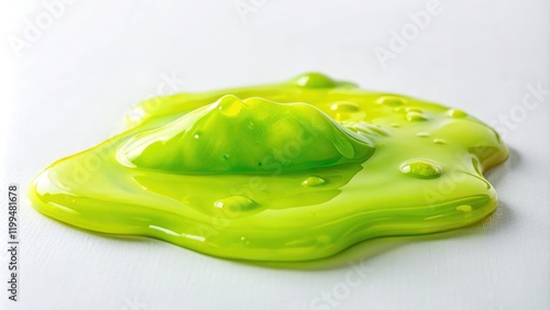 A small puddle of chartreuse slime forms on a clean white surface, creating an interesting texture, abstract art, dripping slime