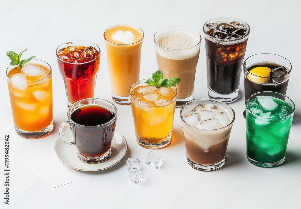 A Diverse Selection of Refreshing Beverages Displayed in Glasses with Ice and Garnishes on a Bright Background for Creative Culinary Inspiration A Diverse Selection of Refreshing Beverages Displayed in Glasses with Ice and Garnishes on a Bright Background for Creative Culinary Inspiration