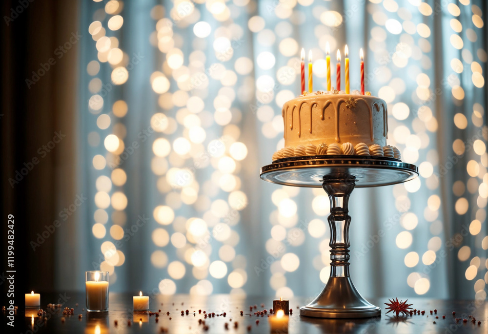 Elegant Celebration Cake on Pedestal with Warm Bokeh Lights