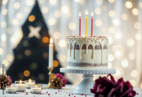 Festive Cake with Candles and Holiday Decorations