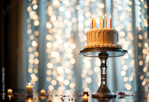 Obraz na płótnie Elegant Celebration Cake on Pedestal with Warm Bokeh Lights w salonie