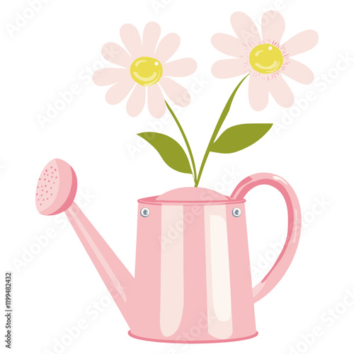 Spring flower in a baby pink watering can flowers daisy cute vector
