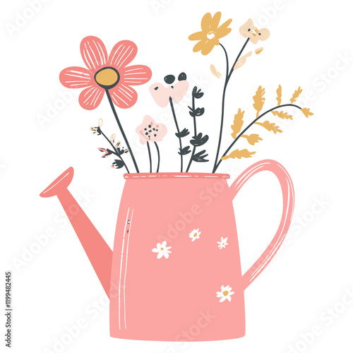 Spring flower in a pink watering can art cute illustration vector