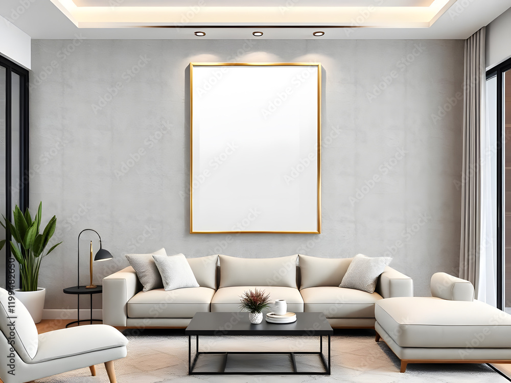 Fototapeta premium Frame mockup, ISO A paper size. Living room wall poster mockup. Interior mockup with house background. Modern interior design. 3D render