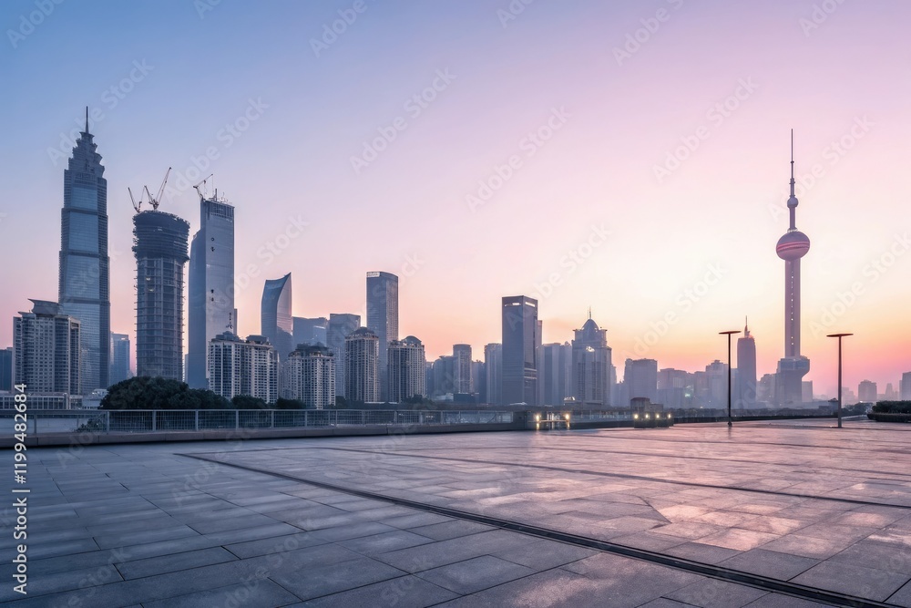 Fototapeta premium A soft pink light bathes a serene futuristic cityscape at dawn, urban, glowing